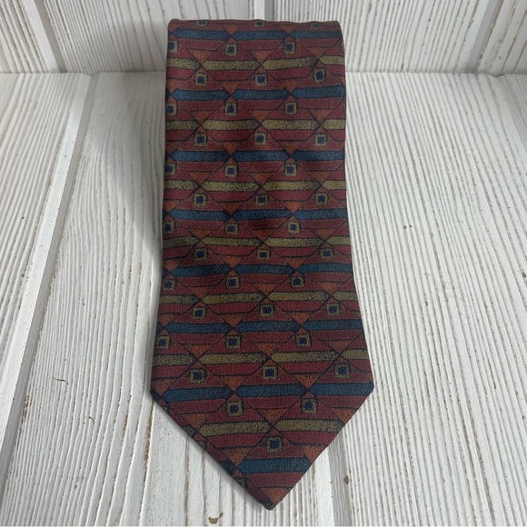 Arrow Men’s Silk Necktie Tie Geometric Burgundy Rust Blue Tan NEW NWT Classic - Picture 3 of 7